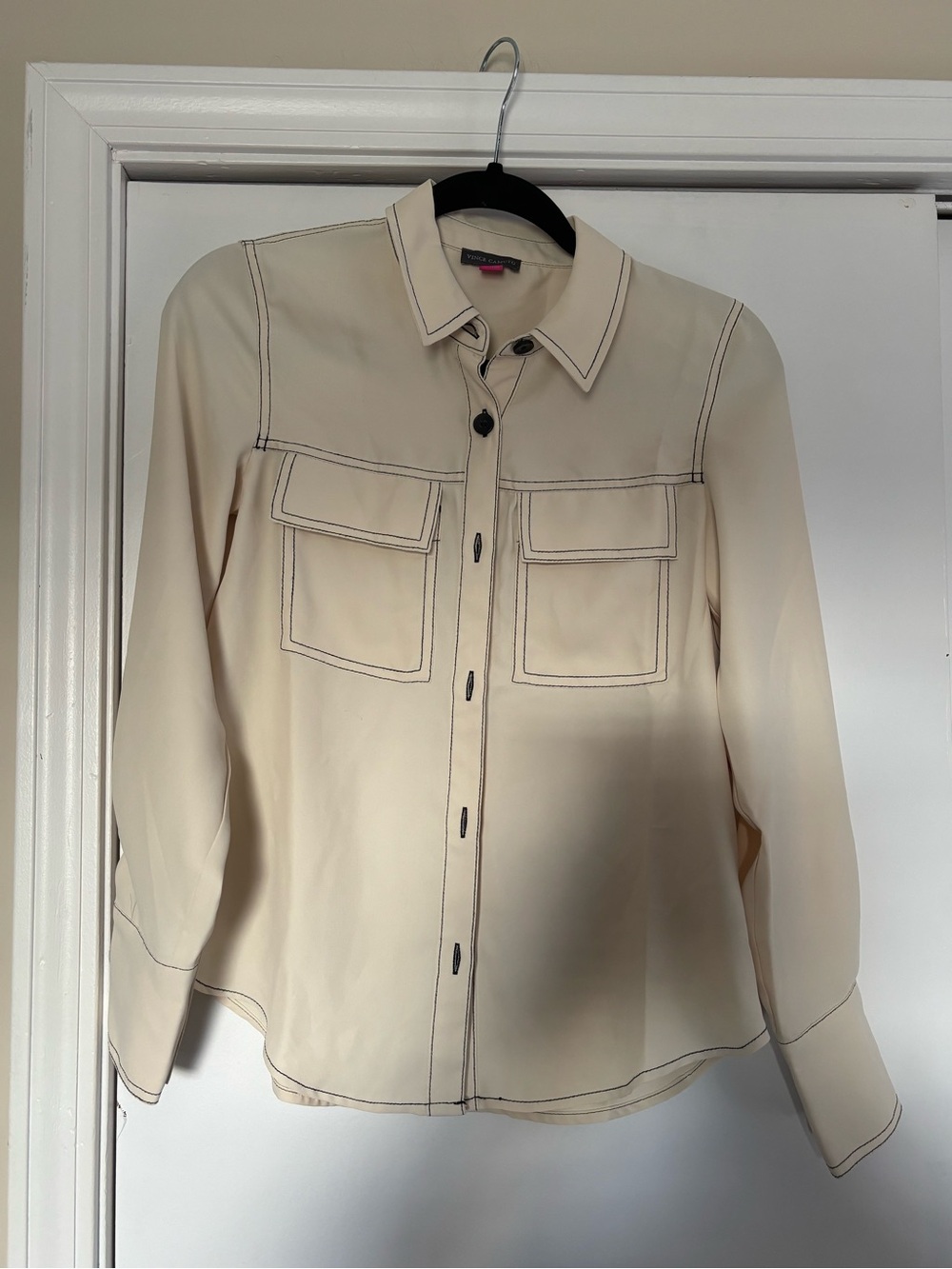 Contrast-Stitch Cream Button-Front Shirt Jacket